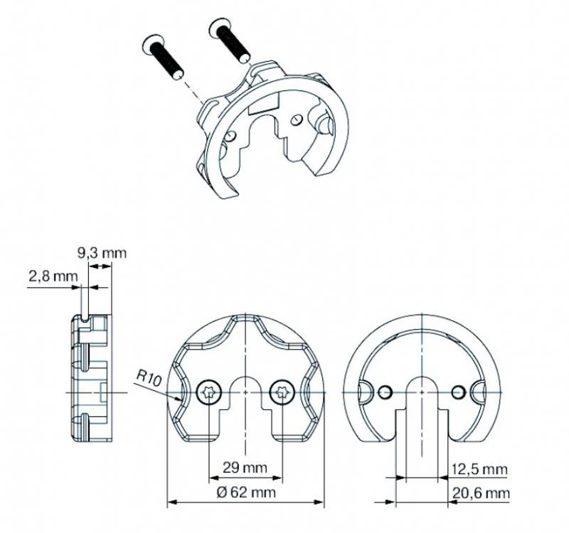 Anschlussteil - Sternadapter mit  Befestigungsmaterial aus Kunststoff - für Becker Rohrmotoren R7 bis R40