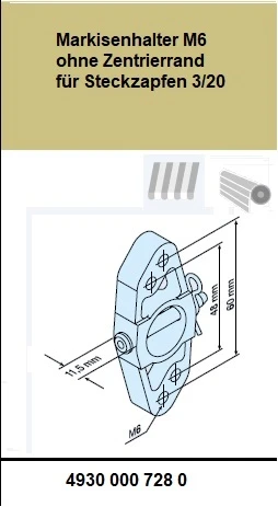 Markisenhalter M6 ohne Zentrierrand für Steckzapfen 3/20  für Becker Rohrmotoren  Baureihe R7 – R50 bis 40Nm