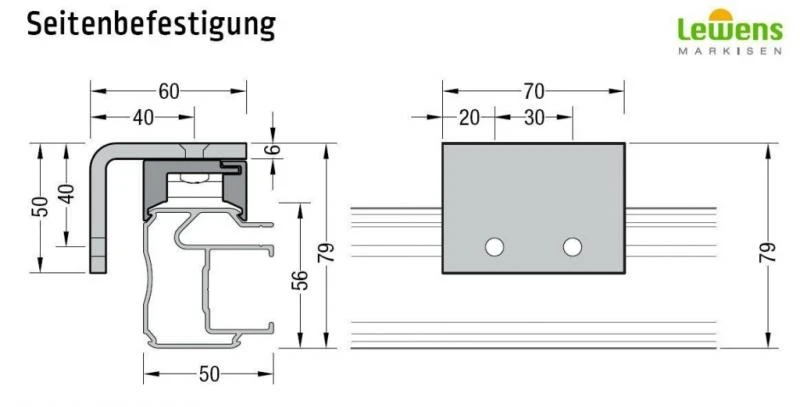 Seitenbefestigung inkl. Schienenhalter - für Lewens Anconan Unterglasmarkise 