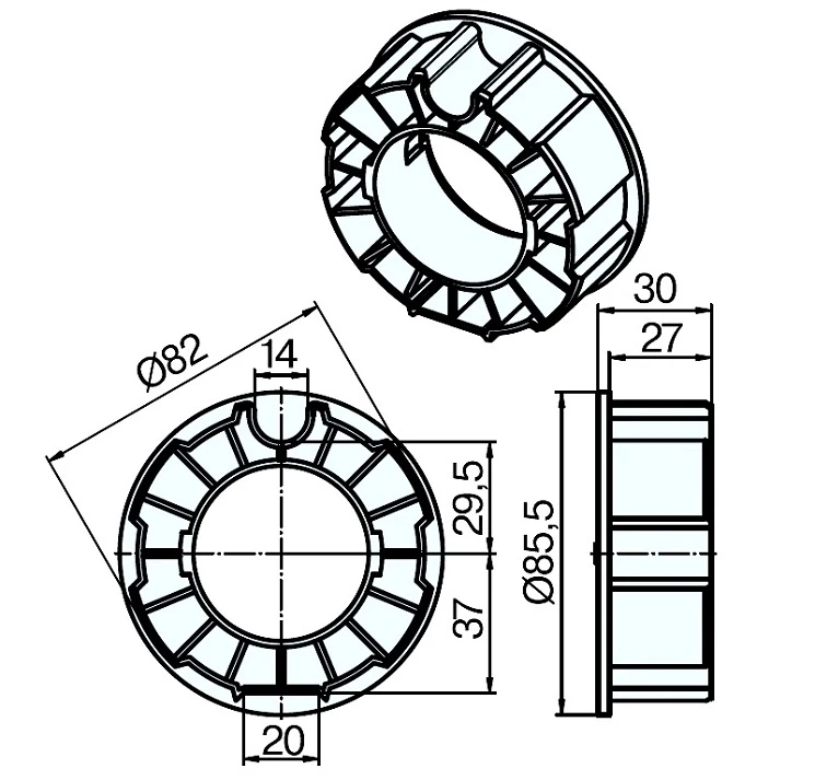 Adapterset für Nutwelle DW85N ab 40Nm für Rohrmotore Becker Baureihe R Serie, aus Zink-Druckguss