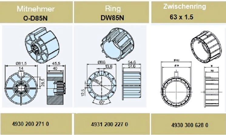 Adapterset für Nutwelle O-D85N für Rohrmotoren Becker Baureihe R mit Sensible Hinderniserkennung ,aus Kunststoffe .