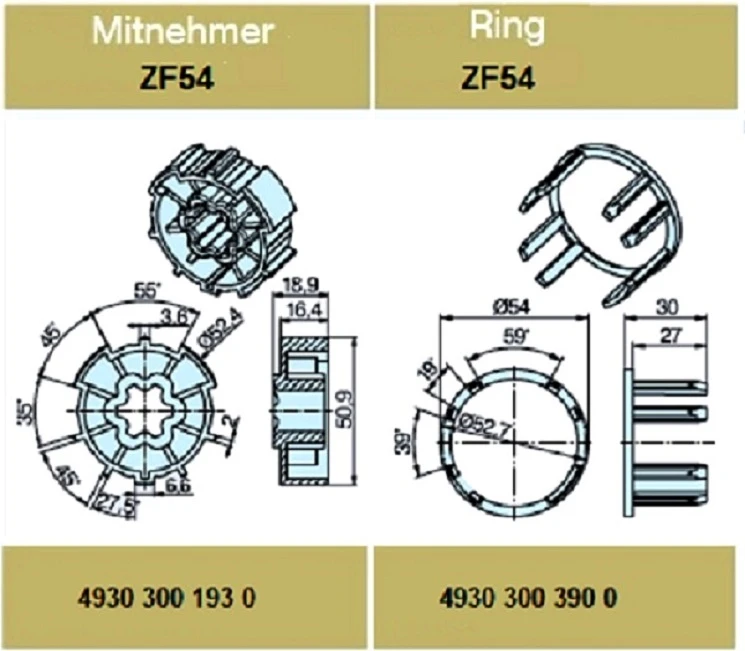 Adapterset für Profilwelle ZF54 für Rohrmotoren Becker Baureihe P und R Serie